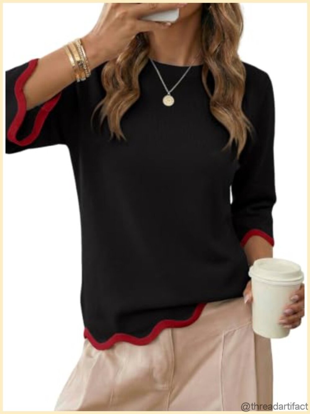 Women's Wool Blend Sweater 3/4 Sleeve Scalloped Trim Crewneck Pullover